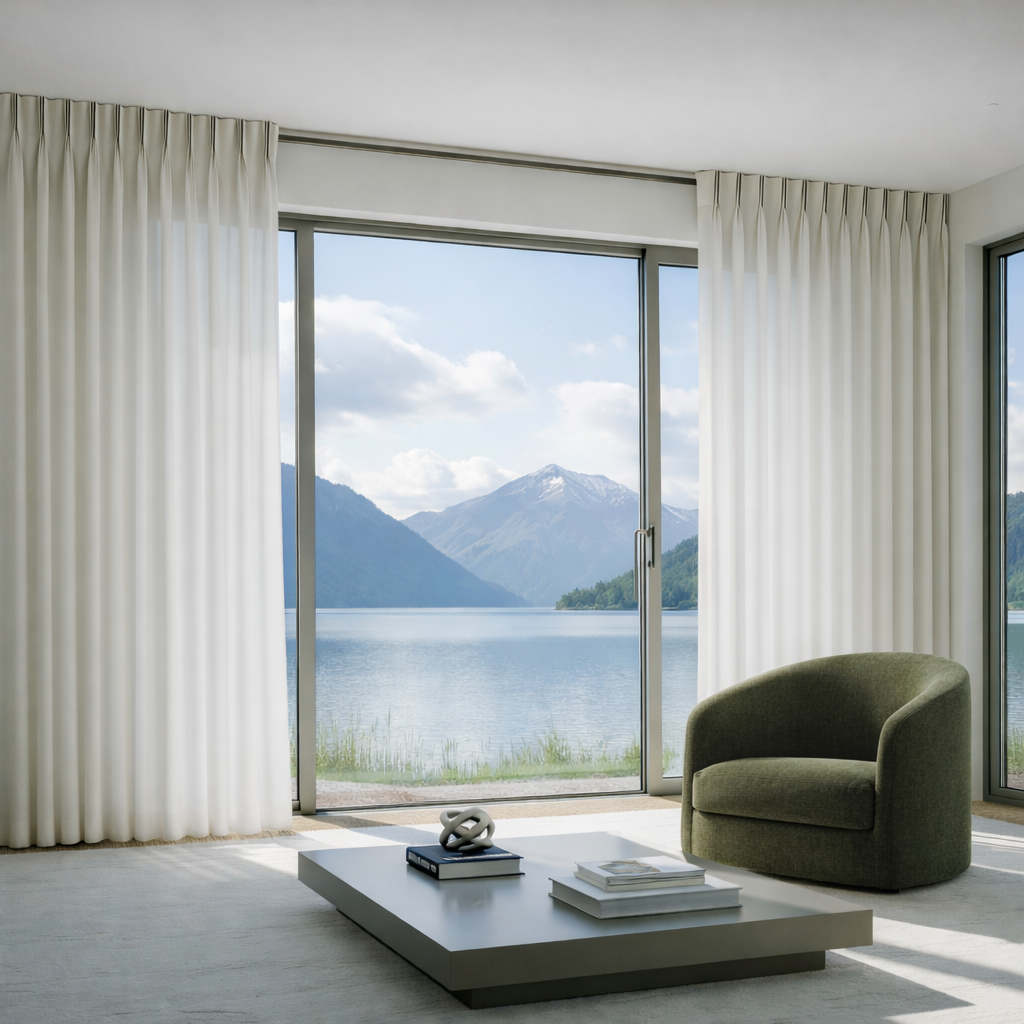 Modern living room with a green armchair, coffee table, and large windows overlooking a lake and mountains.