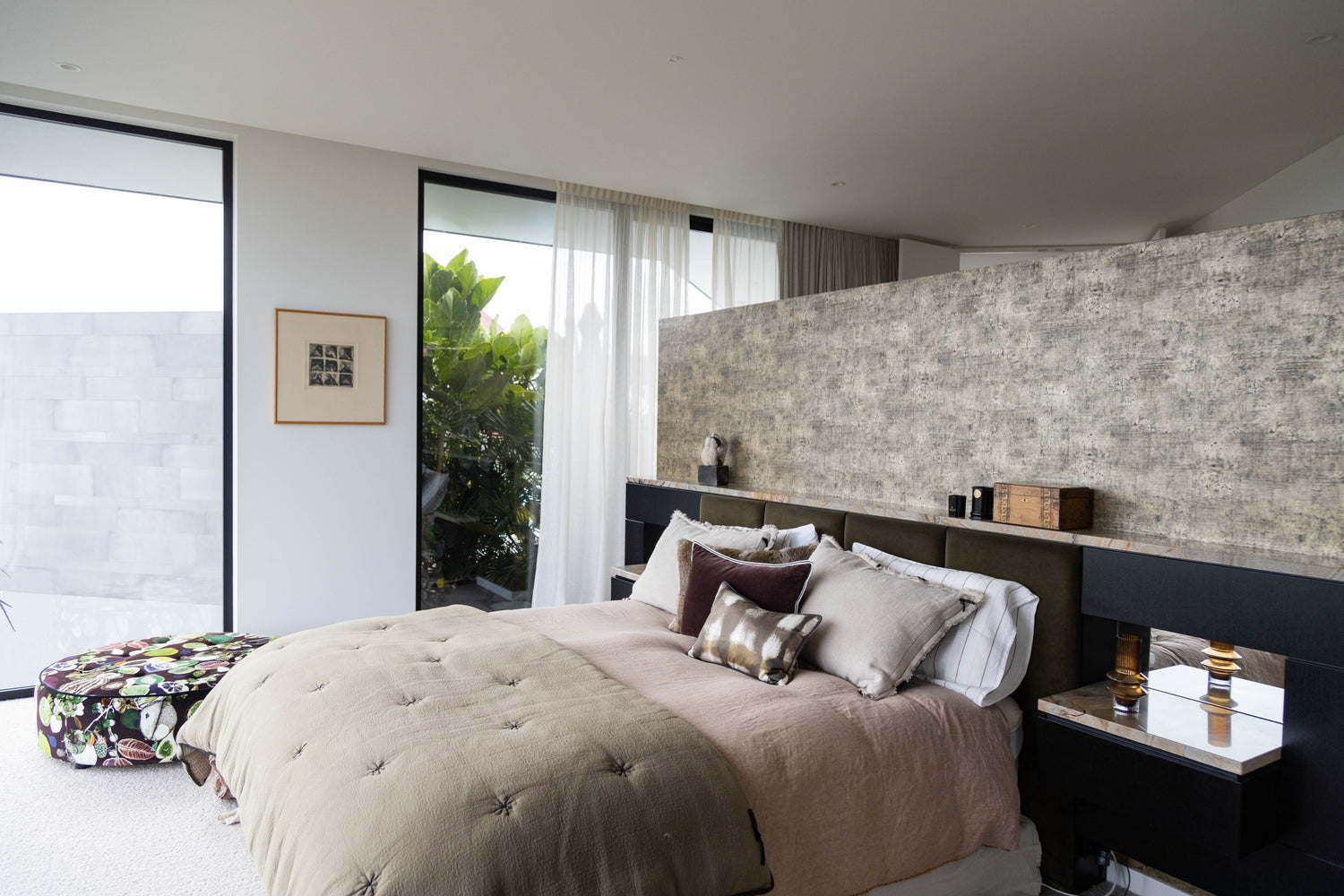 bedroom with built in bedhead sheer curtains 