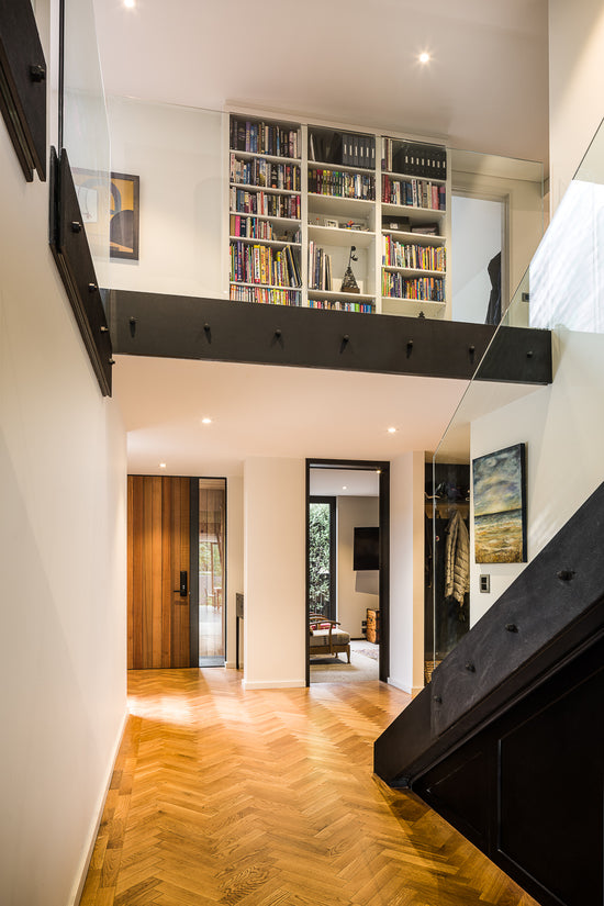 herringbone floor stair well and lobby industrial elements