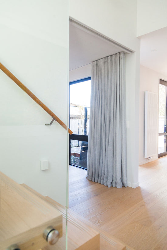 White Linen curtain in contemporary home  with light Oak floors. christchurch